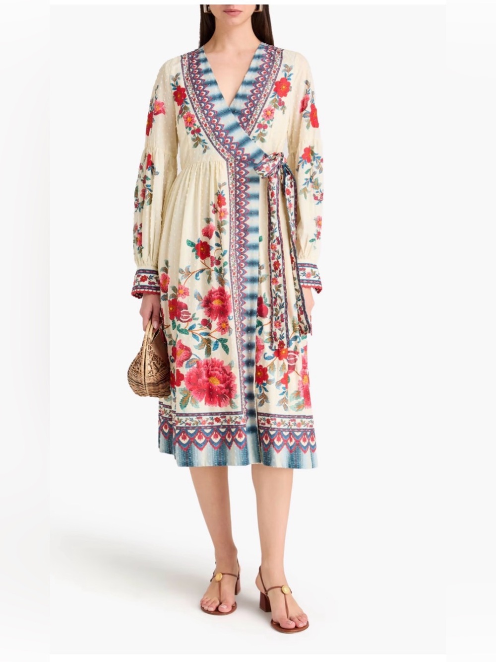 Crochet-trimmed floral-print cotton midi wrap dress size XL